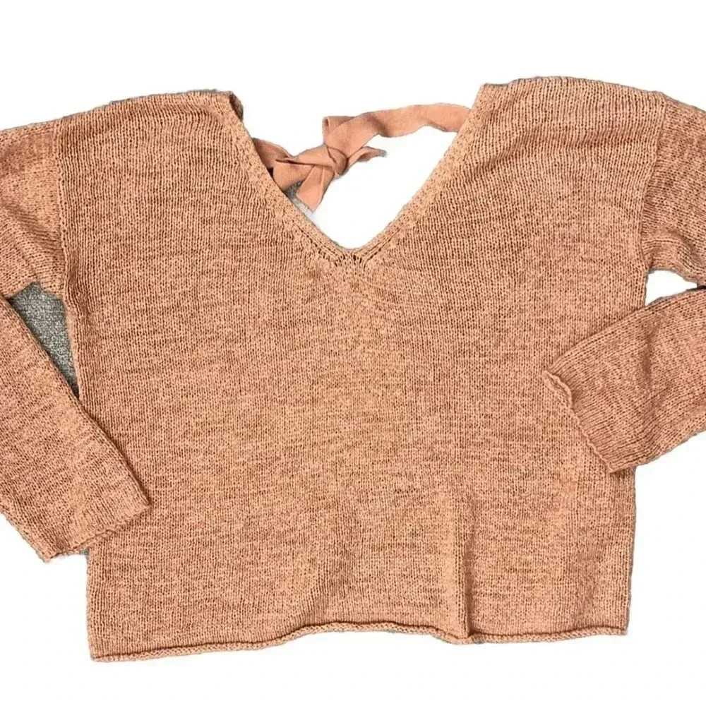 MINKPINK Crop Sweater Women M Long Sleeve Rust Brown Back Tie Bow Cable Knit